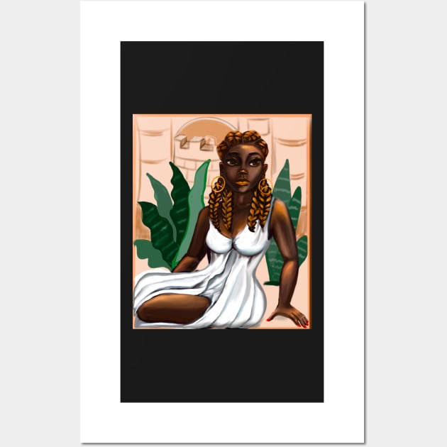 Cleopatra ii Queen Black is beautiful black woman art with crown, white dress and braids, brown eyes and dark brown skin ! Wall Art by Artonmytee